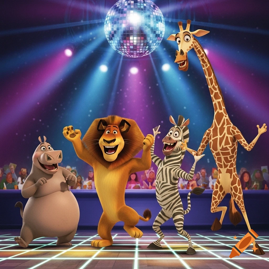 Animated characters from Madagascar, a lion, zebra, hippo, and giraffe, dance at a disco under a glitter ball.