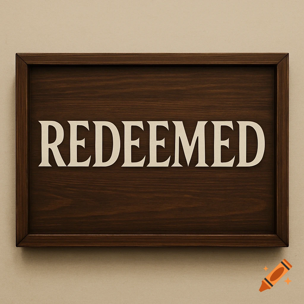 A dark brown wooden framed sign with the word 'REDEEMED' in large white letters, hanging on a light beige wall.