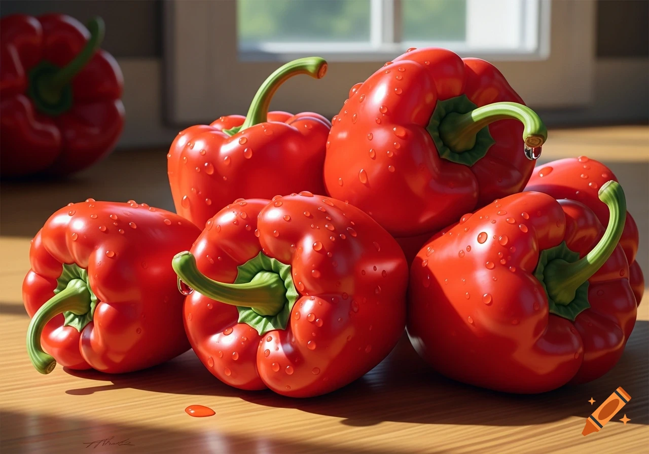 A pile of vibrant red bell peppers covered in water droplets on a wooden surface, with a sunlit window in the background.