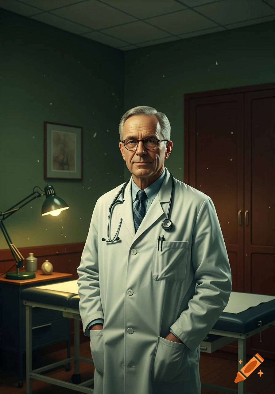 A distinguished elderly male doctor in a white lab coat and glasses stands in a dimly lit examination room.