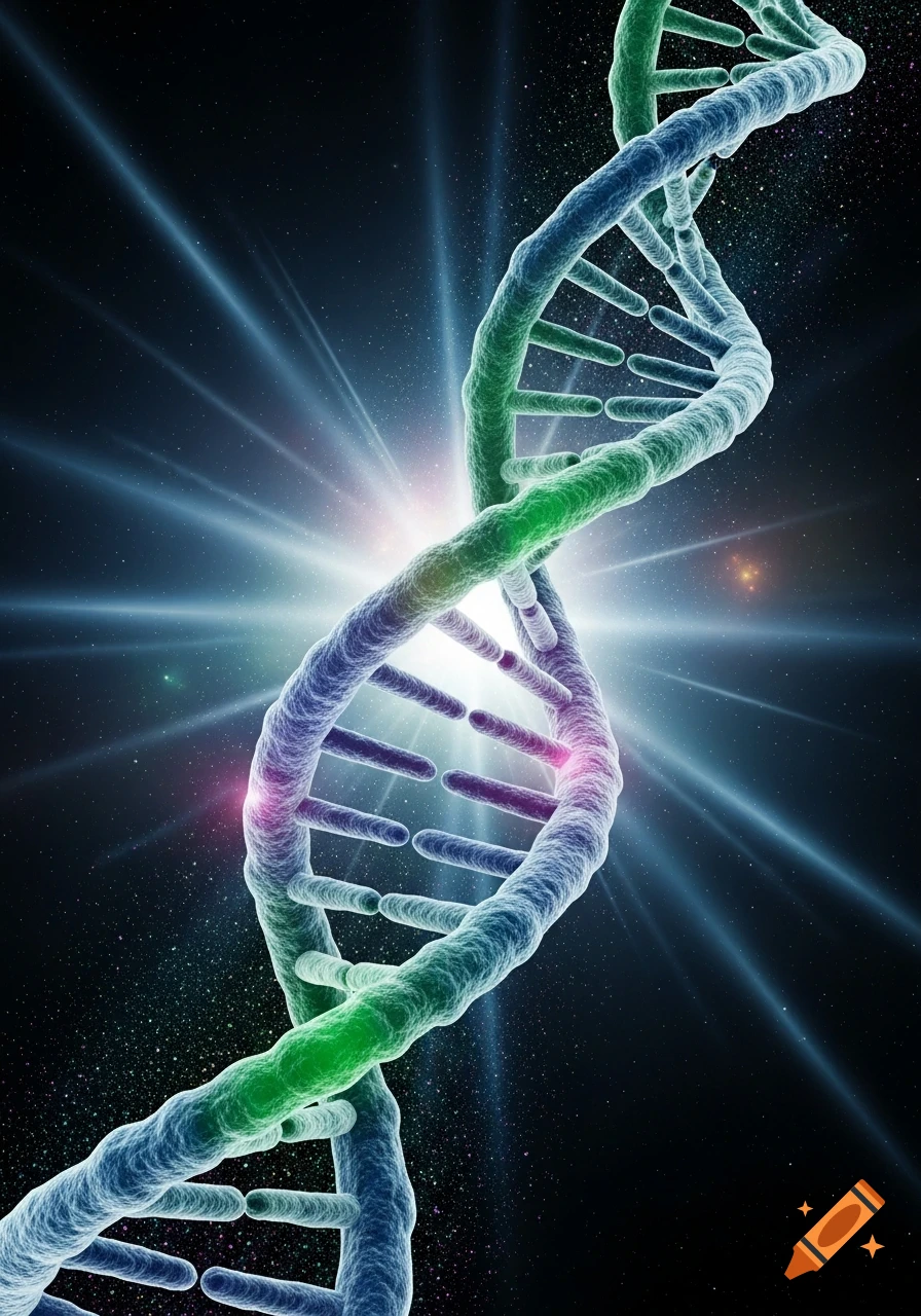 Stylized, glowing DNA double helix with light rays against a dark ...