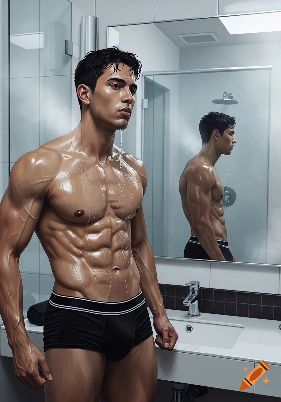A muscular, wet man in black boxer briefs stands in a modern bathroom, looking at his reflection in the mirror, photorealistic style.