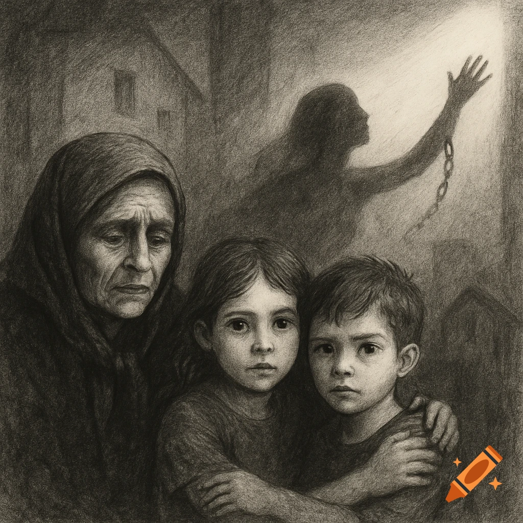 A monochrome pencil drawing depicts a somber older woman, a girl, and a boy, with a shadowy chained female figure in the background.