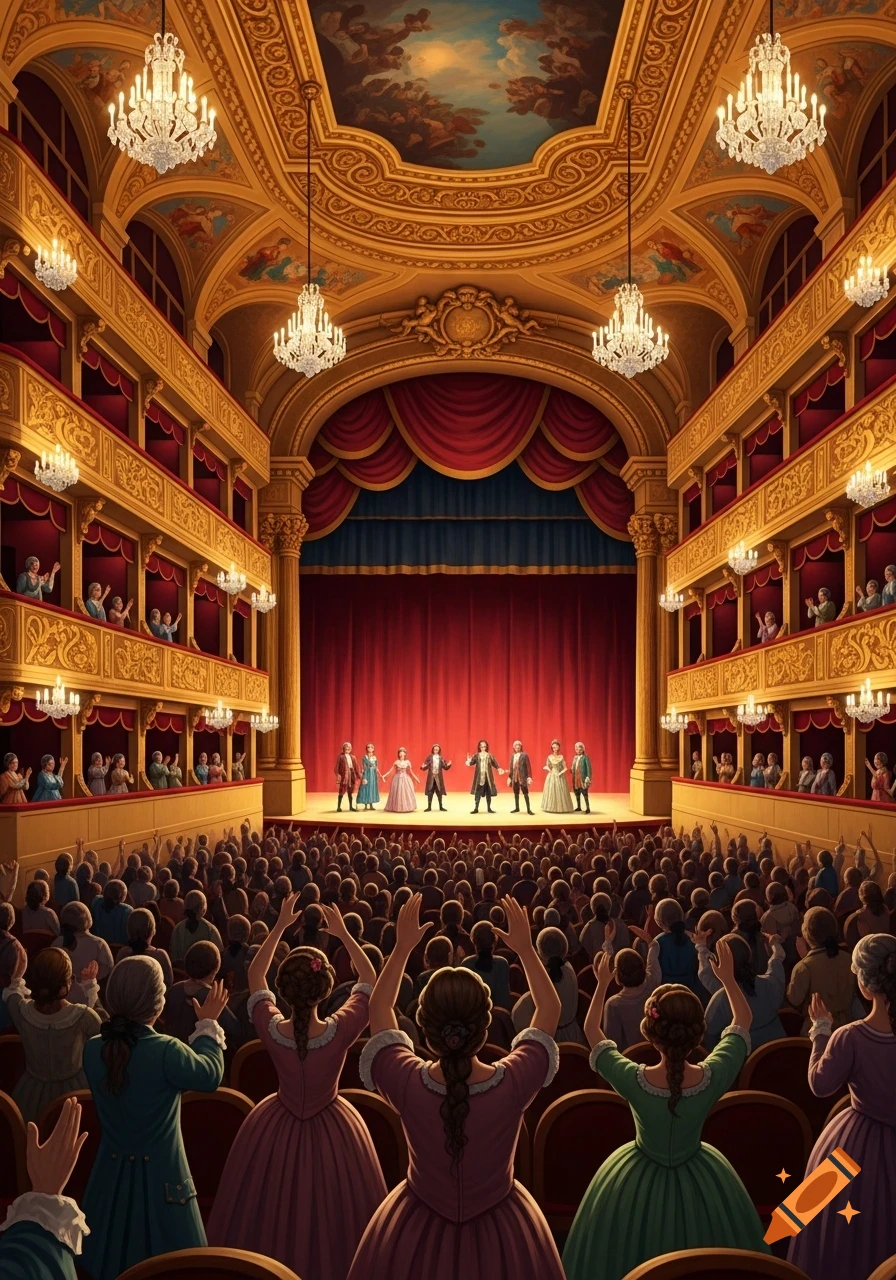 A grand 18th-century Italian theater is packed with an audience applauding performers on a red-curtained stage.