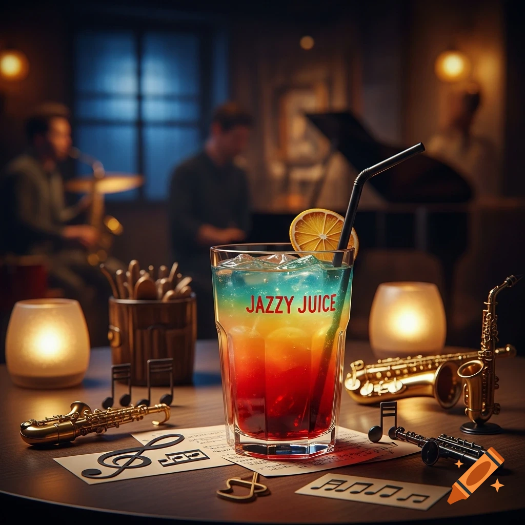 Vibrant 'Jazzy Juice' cocktail with a lemon slice and straw, surrounded by miniature saxophones and musical notes on a table in a jazz club.