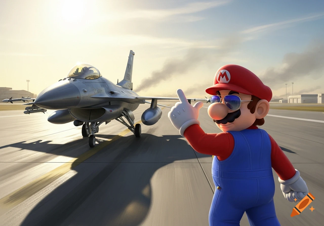 Mario in sunglasses, wearing a mechanic's outfit, gestures on an airport runway next to a taxing F-16 fighter jet.
