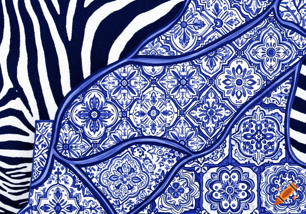 Blue and white background combining zebra print with intricate Delft blue tile patterns, flowing seamlessly.