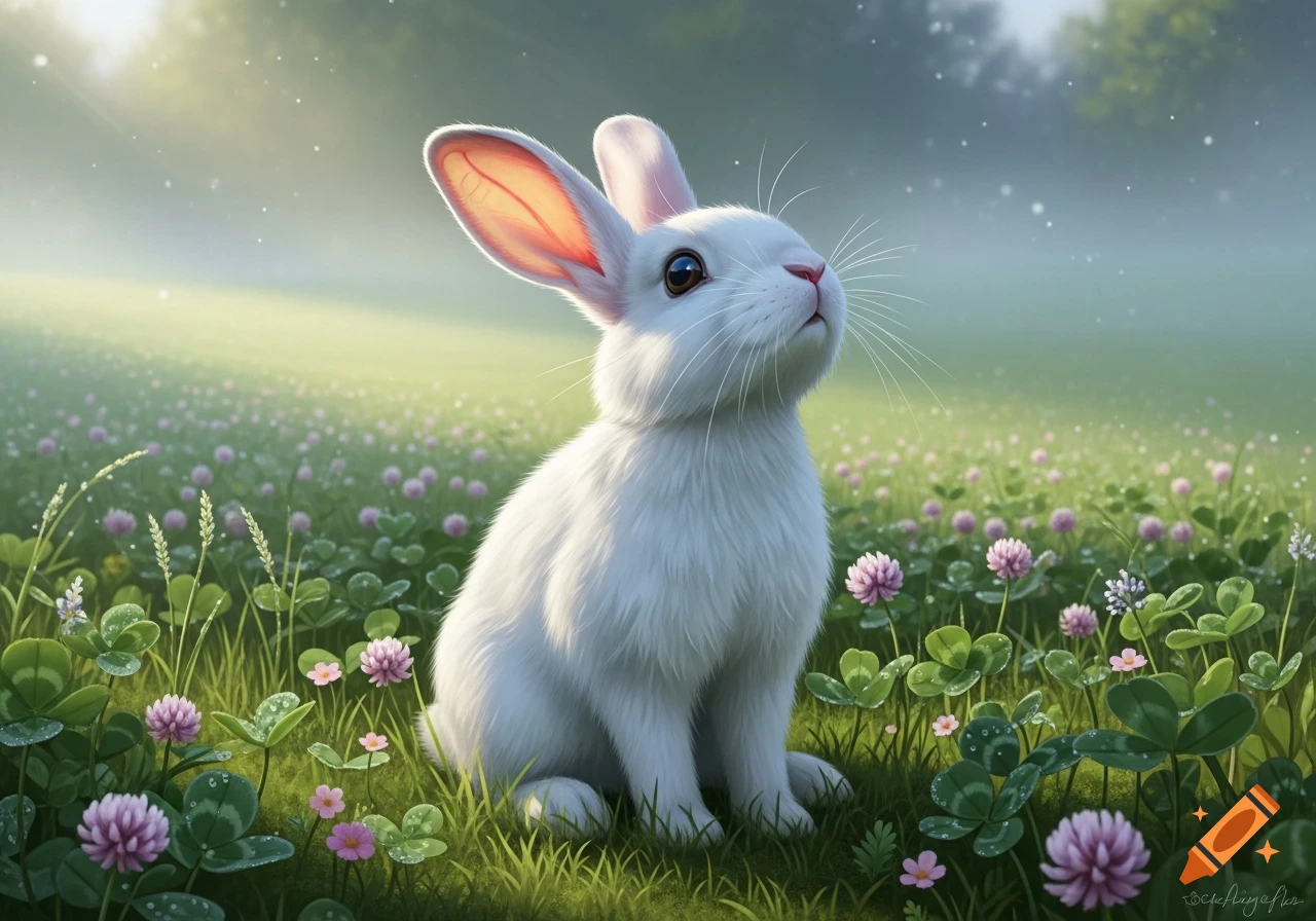 A cute white bunny with one ear lifted sits in a grassy field with purple clover flowers, looking up in a photorealistic style.
