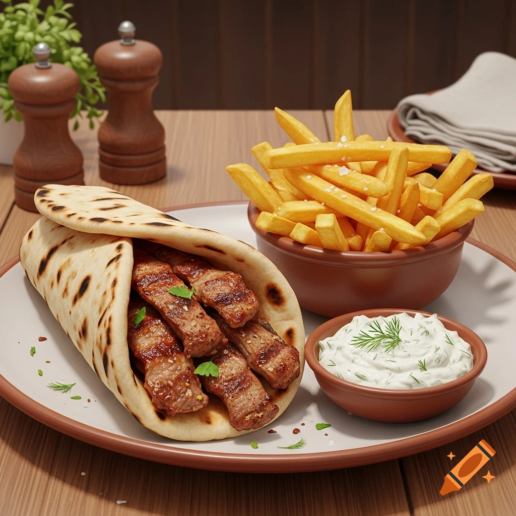 A photorealistic image of a gyros wrap with grilled meat, french fries, and a small bowl of white sauce, served on a white plate on a wooden table.