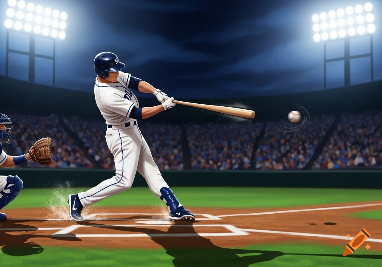 An illustrated baseball player in a white and blue uniform swings a bat at a baseball in a brightly lit stadium at night.