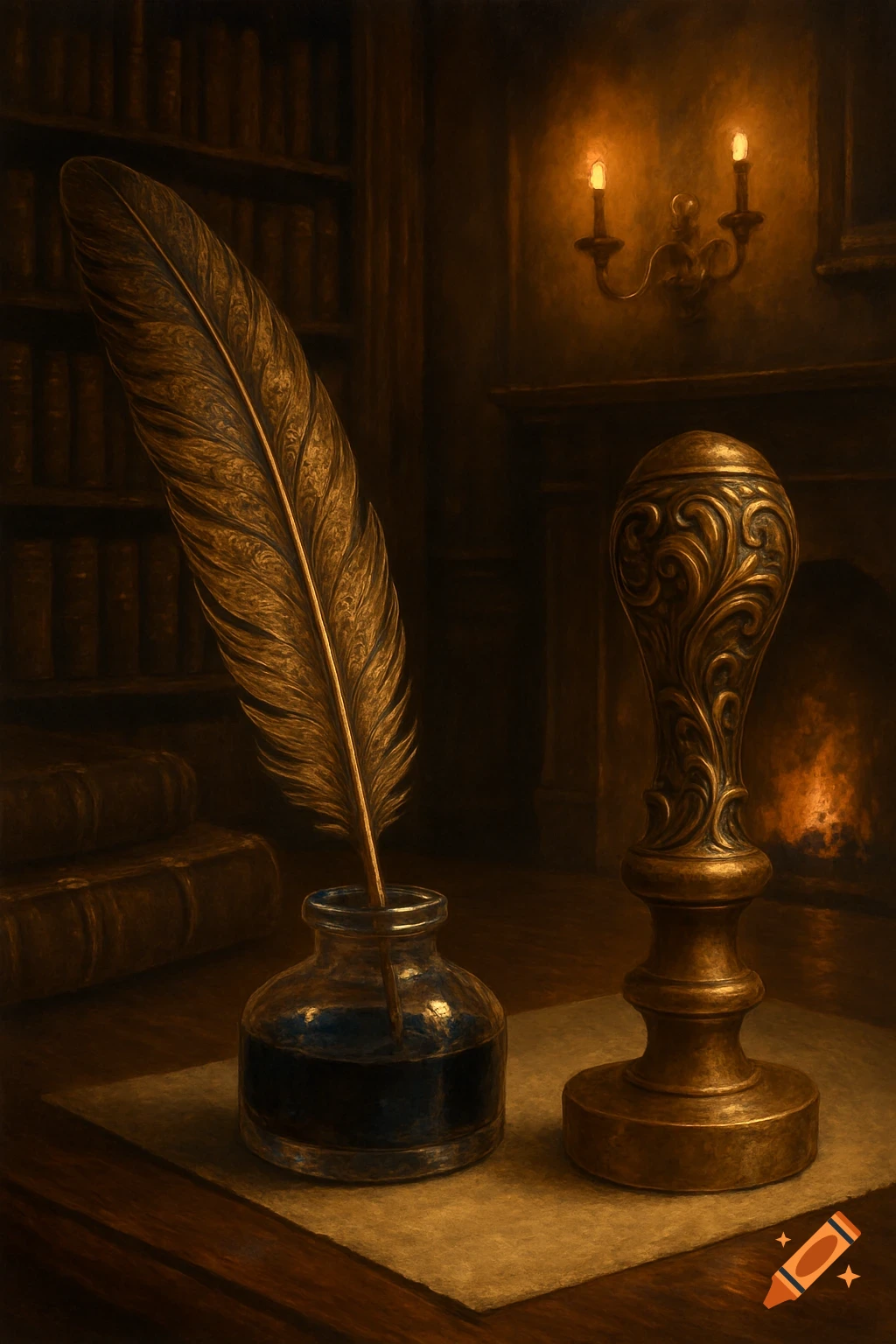 A golden quill in an inkwell and an ornate notary stamp sit on a desk in a dimly lit, old-fashioned study.