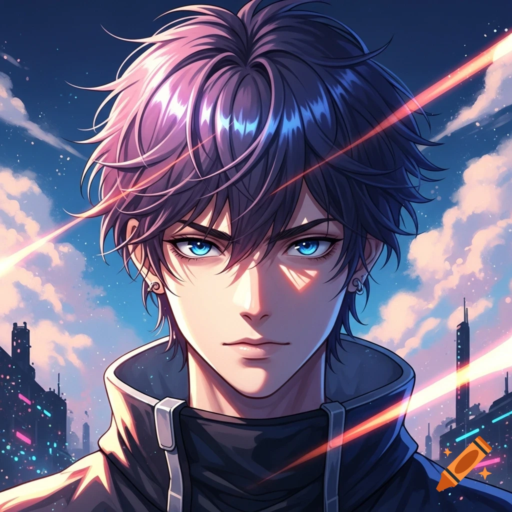 A close-up anime portrait of a young man with blue eyes and spiky purple and black hair, wearing a black jacket, against a futuristic city skyline with glowing lights.