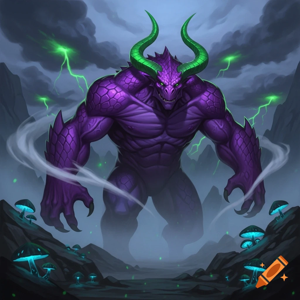 A muscular purple monster with green horns and glowing eyes stands in a ...