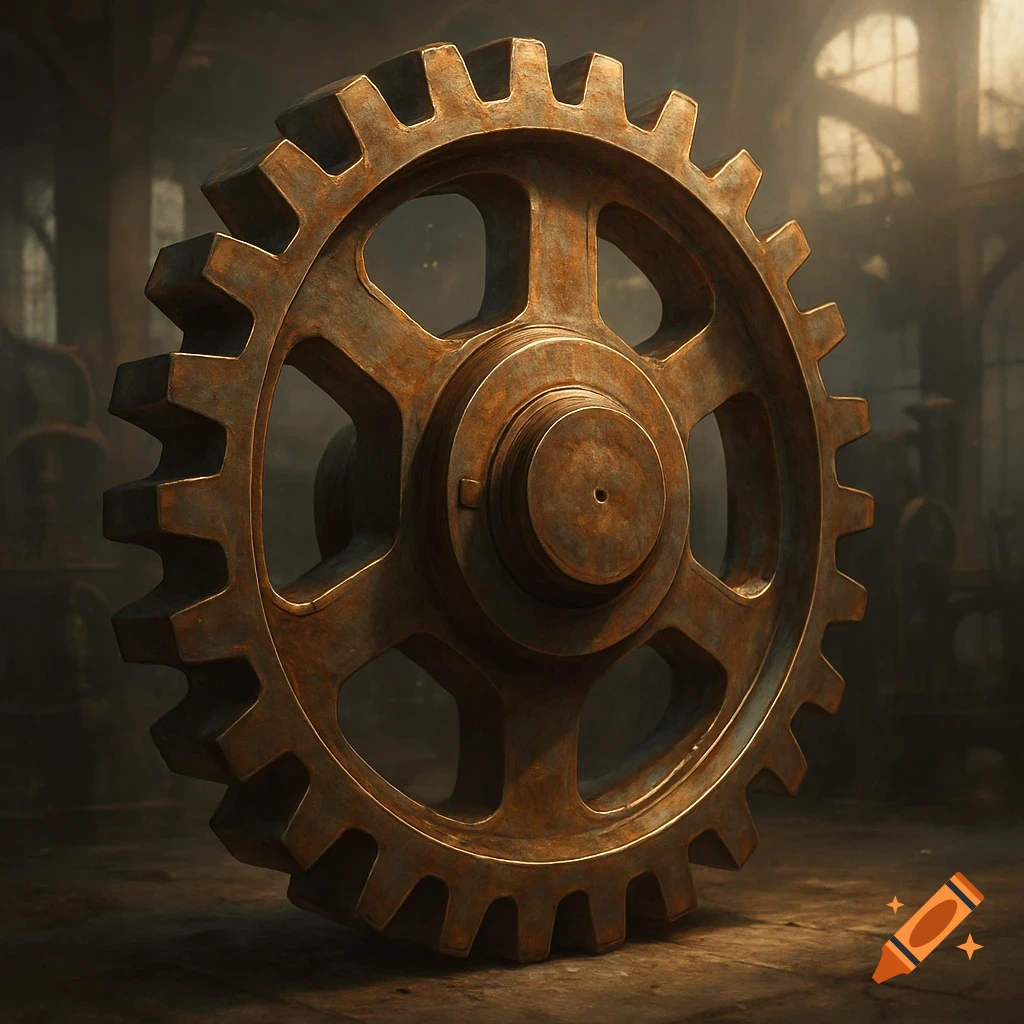 A detailed, close-up shot of a large, rusty metal gear standing on a grimy floor in an industrial setting.
