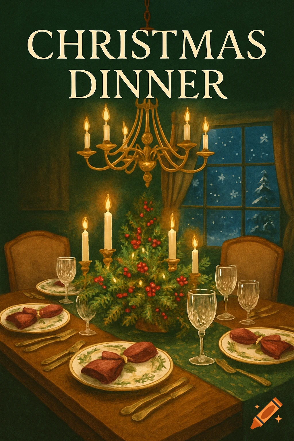 Illustrated Christmas dinner table with candles, a small tree, and set plates under a chandelier, text 'CHRISTMAS DINNER'.