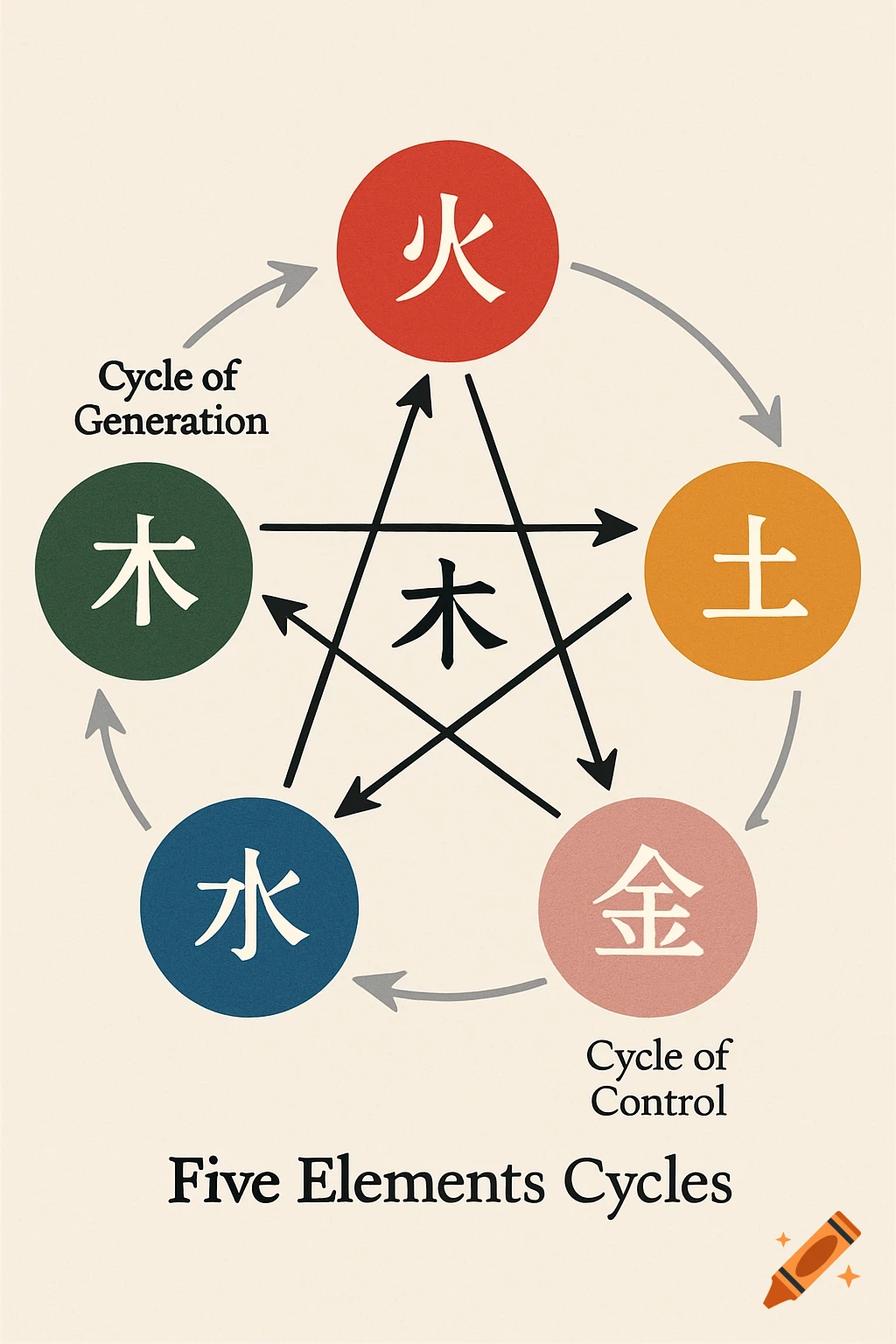 Minimalist diagram of the Five Elements Cycles, with colored circles labeled with Chinese characters for fire, earth, metal, water, and wood.