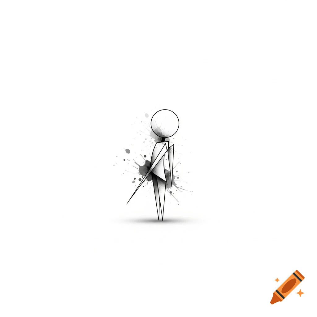 A minimalist black and white stick figure graphic with ink splatters on a white background.