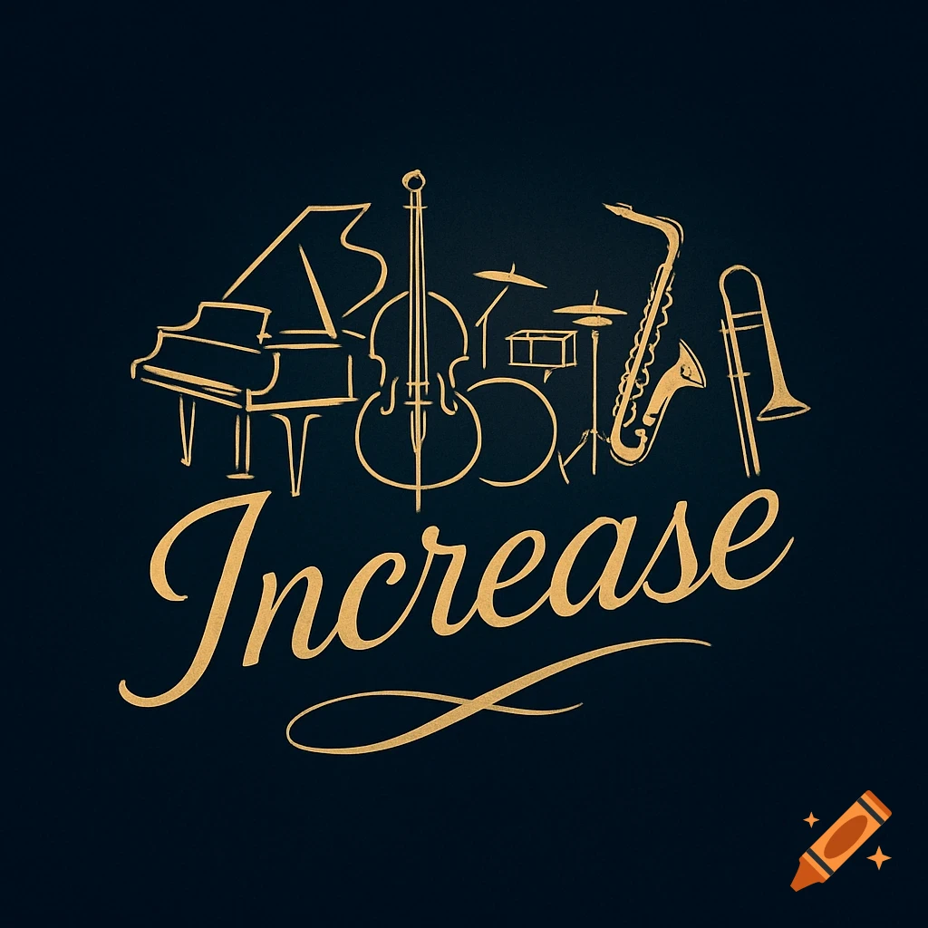 Gold line art logo with piano, cello, drum set, saxophone, and trombone above the script word 'Increase' on a dark background.