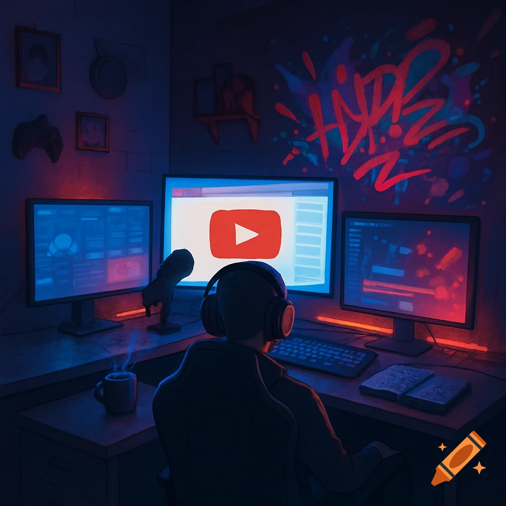 A person in headphones sits at a desk in a dark room illuminated by neon lights, facing multiple computer monitors. The central screen displays the YouTube logo, while graffiti covers the wall behind them.