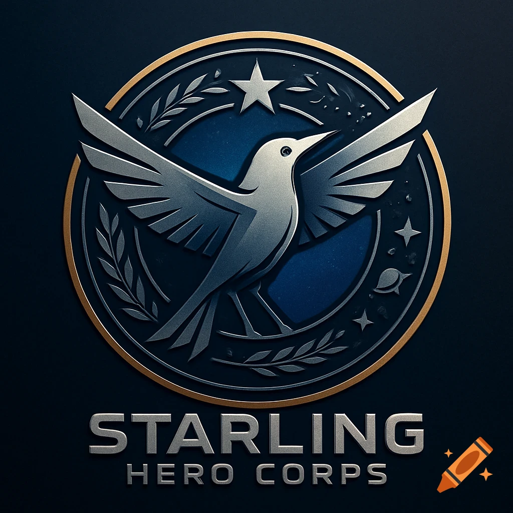 Metallic circular logo with a silver starling bird, gold border, dark blue background, and 'STARLING HERO CORPS' text.