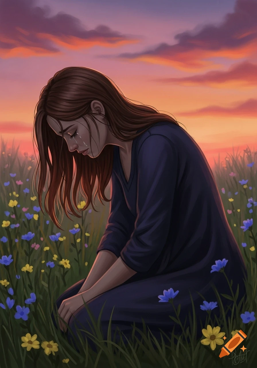 Digital art illustration of a woman on her knees, crying in a field of colorful flowers at sunset.