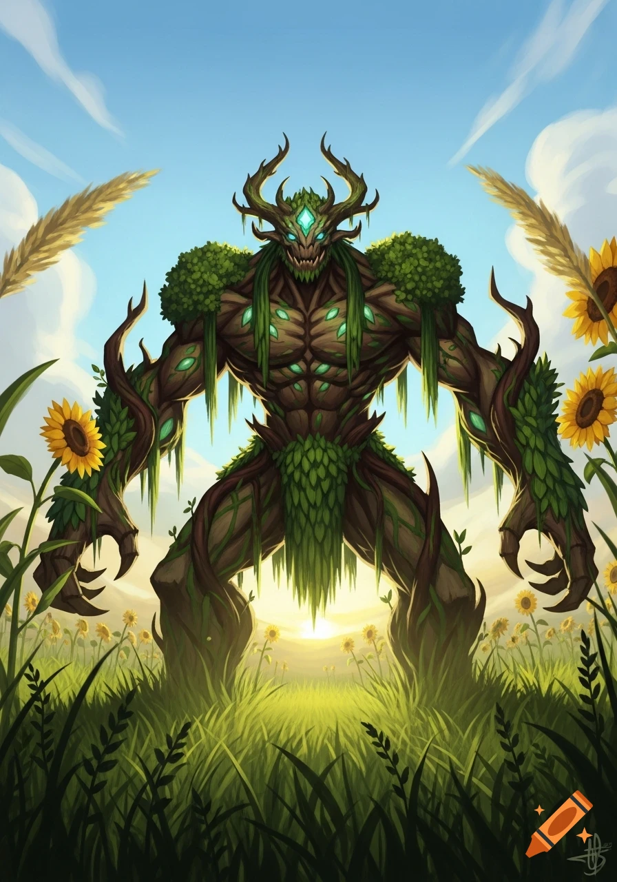 A formidable tree creature with glowing eyes, horns, and leafy armor ...