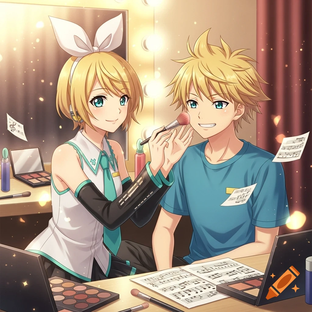 Blonde anime girl applies makeup to a blonde anime boy in a brightly lit dressing room filled with cosmetic palettes and music sheets.