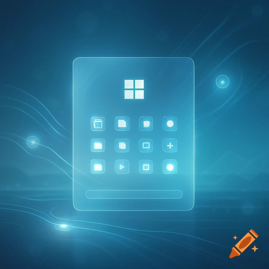 Glowing transparent user interface with app icons and a search bar on a blue, futuristic digital background.