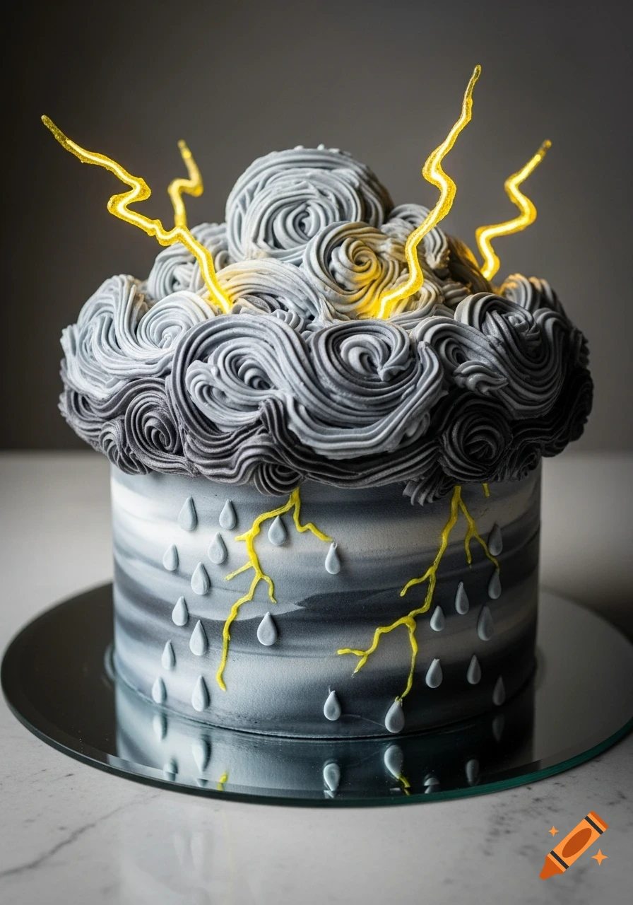 A two-tier cake decorated as a stormy cloud with gray swirled frosting, yellow lightning bolts, and raindrop details on a mirror base.