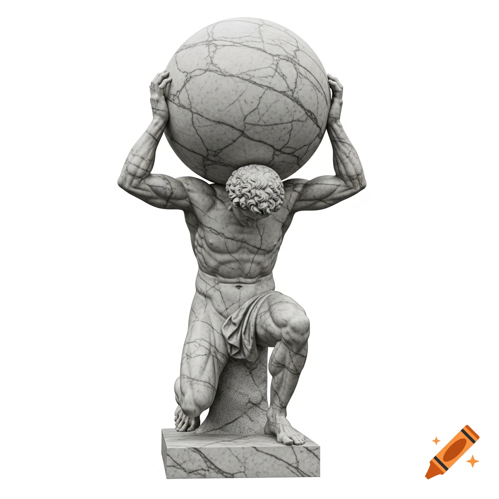 A majestic marble statue of Atlas in classical Greek style, kneeling and carrying a veined marble sphere on his shoulders and back against a white background.