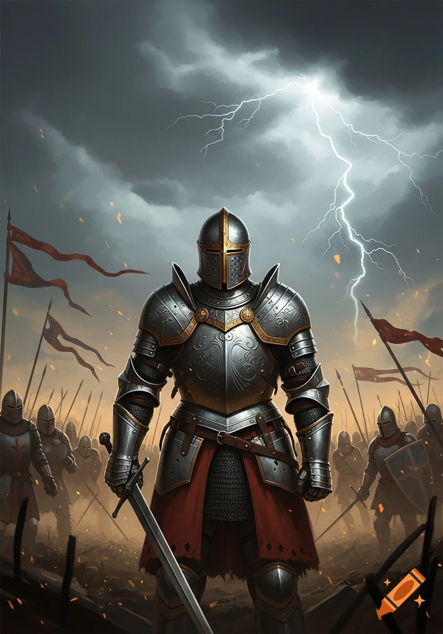 A knight in full silver and gold armor stands on a battlefield under a stormy, lightning-filled sky, with other armored soldiers in the background.