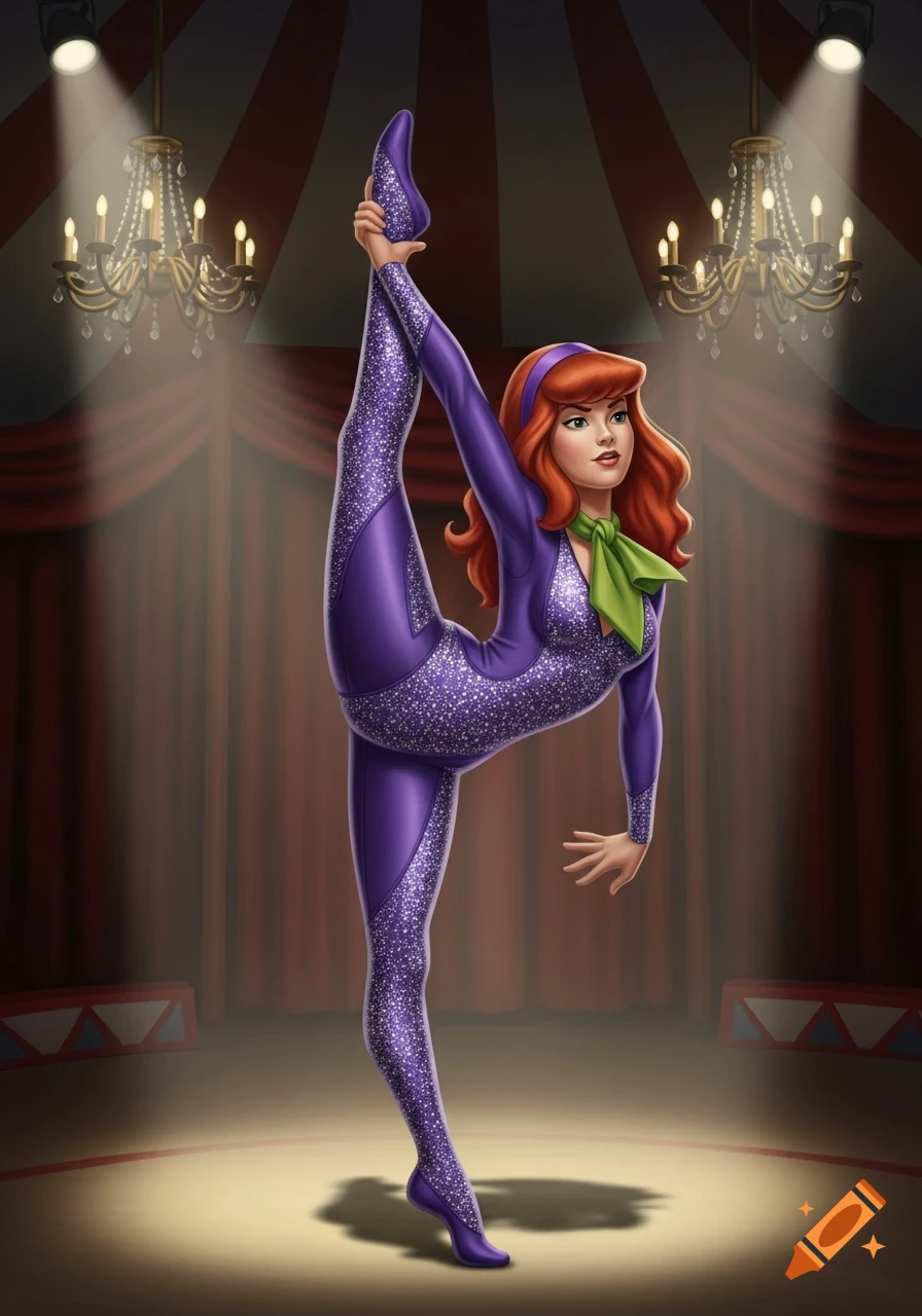 Daphne from Scooby-Doo performs a high leg extension in a sparkly purple contortionist costume on a circus stage.
