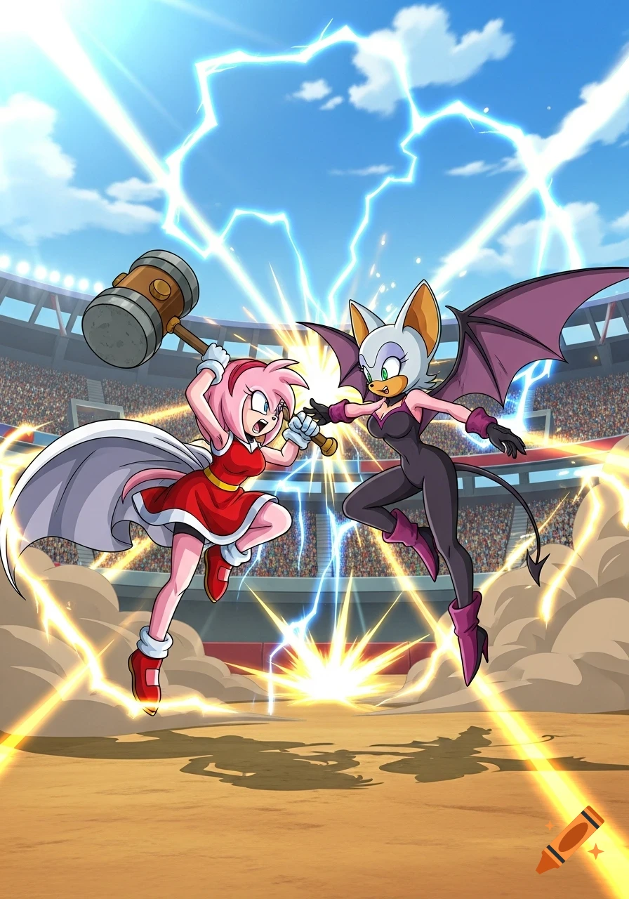 Amy Rose fights Rouge the Bat in a brightly lit stadium, surrounded by lightning, in a dynamic anime style.