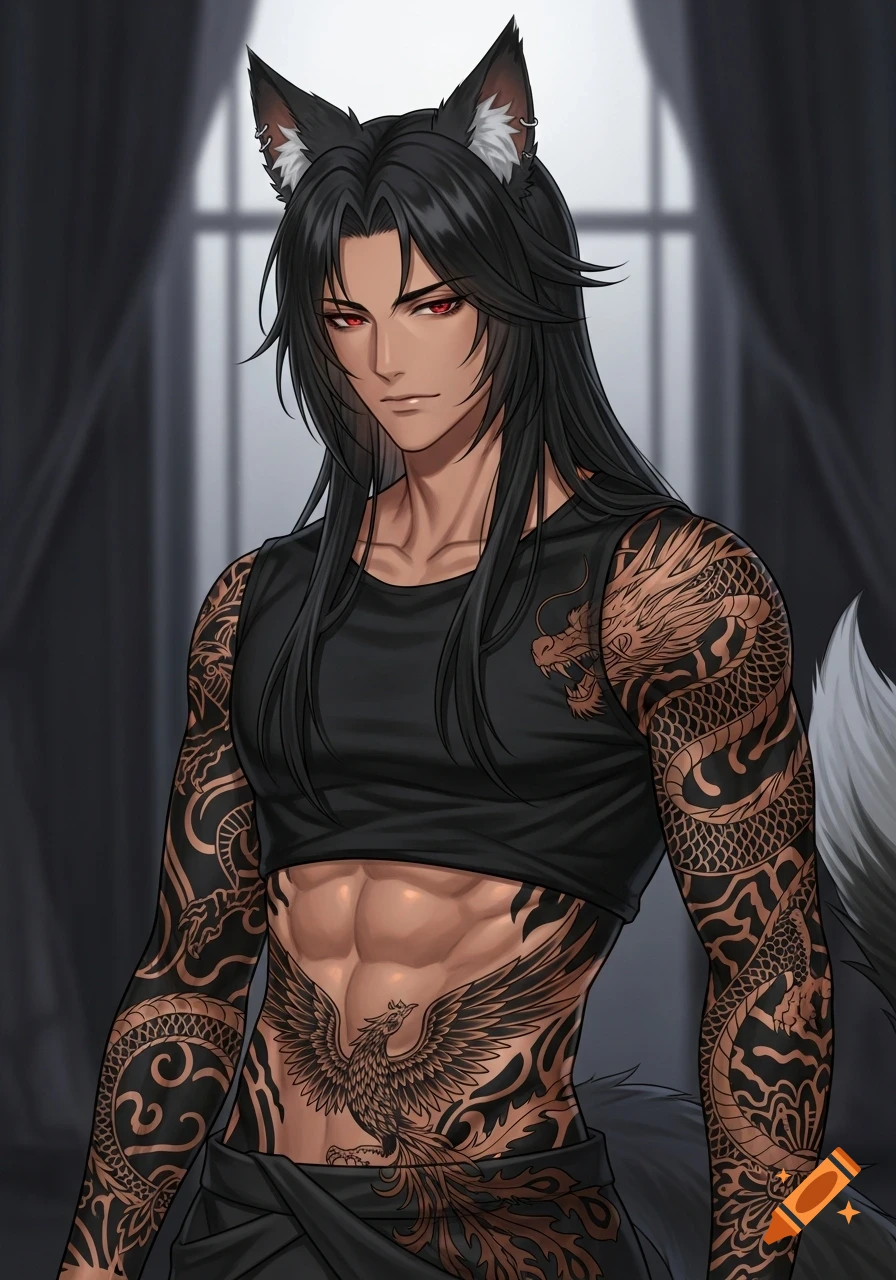 Anime male with wolf ears, red eyes, long black hair, black cropped top, dragon and phoenix tattoos.