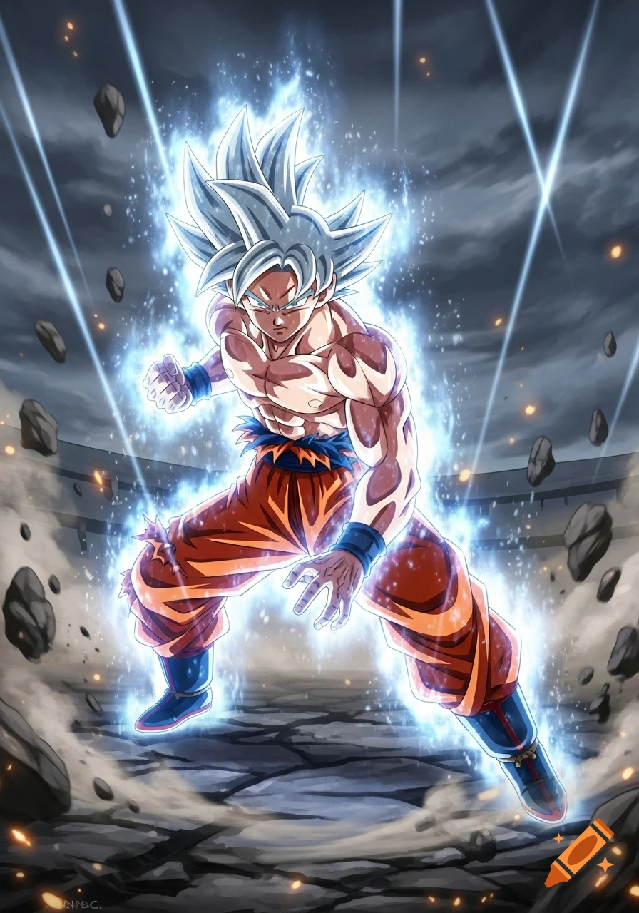 Goku in Ultra Instinct form glows with blue energy, standing on cracked ground with debris floating around in an anime style.