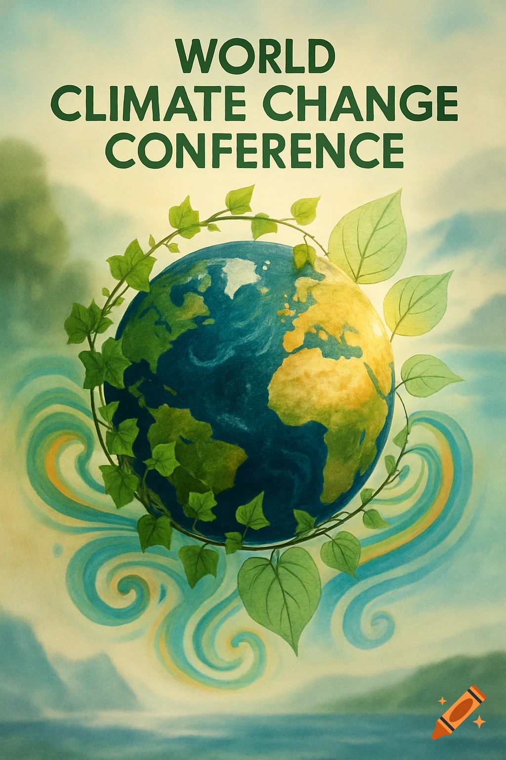 Watercolor illustration of Earth wrapped in green vines, surrounded by swirling waves, with 'WORLD CLIMATE CHANGE CONFERENCE' text above.