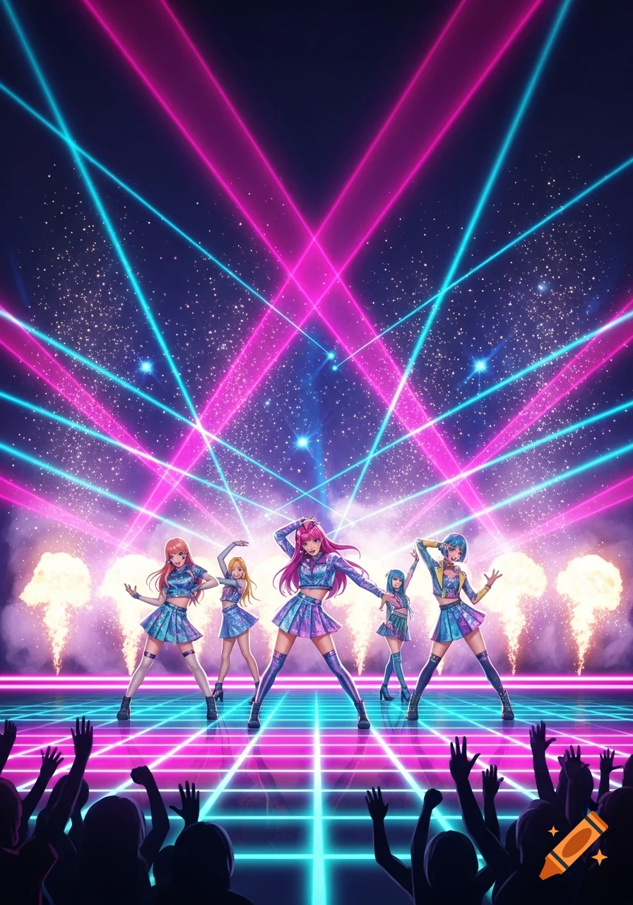 Anime-style K-pop girl group performing on a futuristic stage with neon laser lights and pyrotechnics, viewed from a crowd perspective.