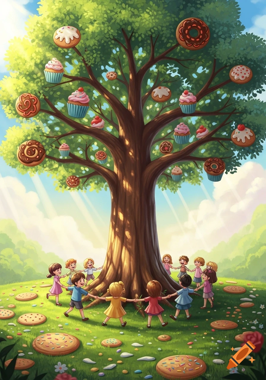 Whimsical illustration of children playing around a tree laden with cupcakes and donuts, with cookies scattered on the grassy ground.
