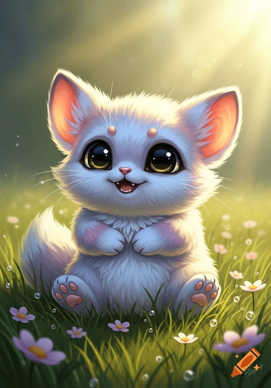 A very cute, fluffy white and pink fantasy creature with big eyes smiles happily in a sunny green meadow with small purple flowers, digital art.