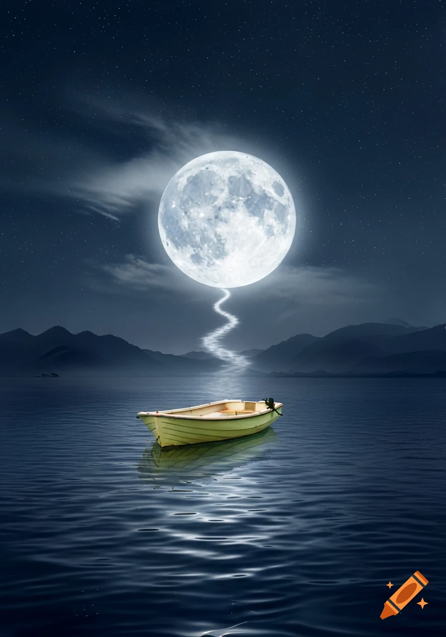 A luminous full moon hangs over a calm lake, casting a winding path of light to a small, empty rowboat.