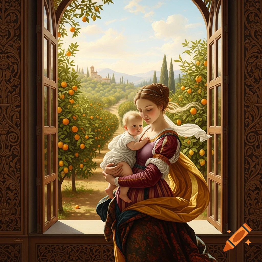 Renaissance-style oil painting of a woman holding a baby by a window, overlooking an Italian orange grove and villa.