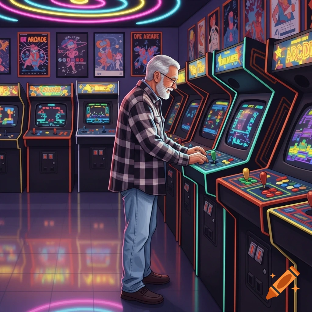 An elderly man with a beard and plaid shirt plays an arcade game in a colorful, neon-lit arcade. The image has a vibrant, cartoonish style.