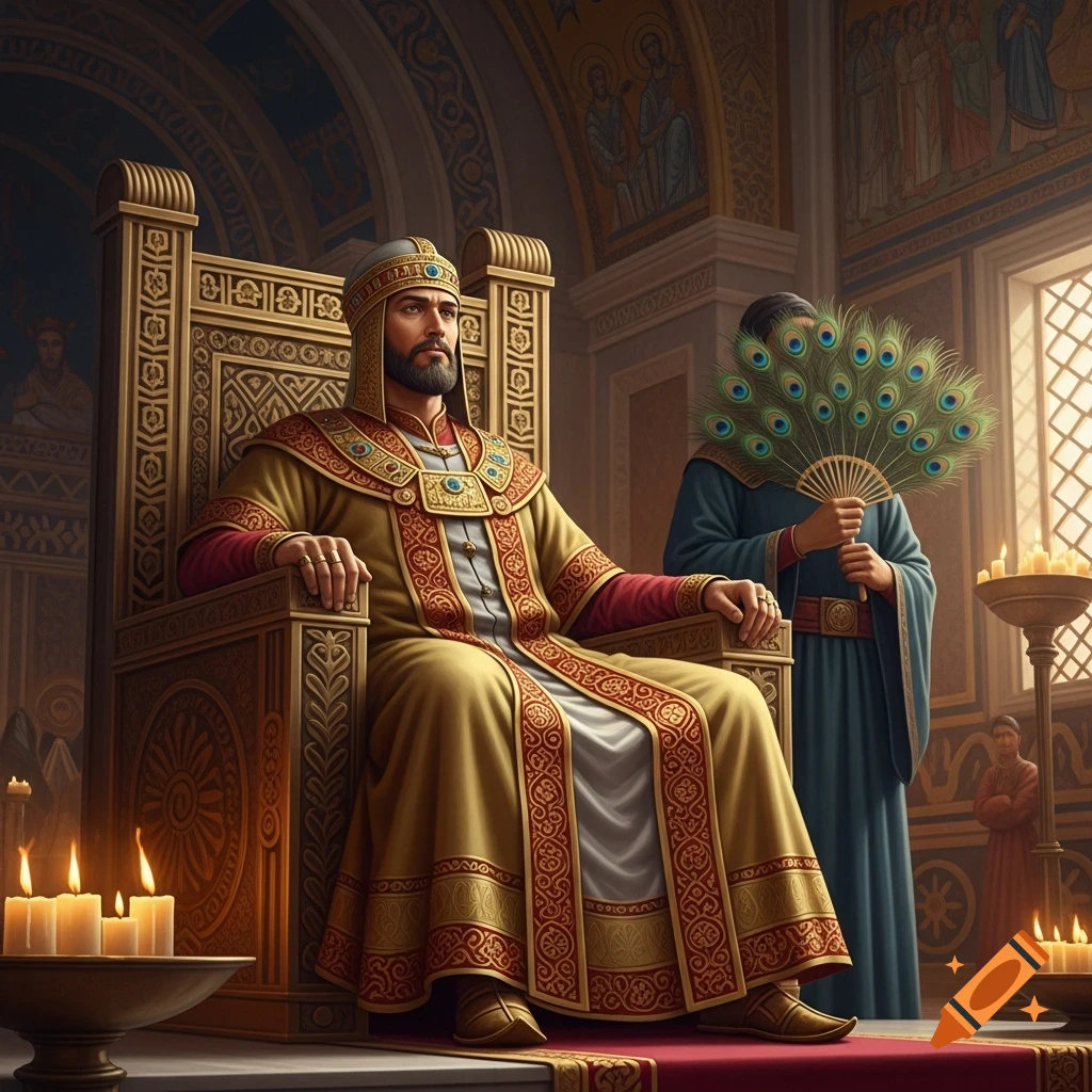 A Byzantine emperor in ornate robes sits on a golden throne in a grand hall, with a servant holding a peacock fan nearby.