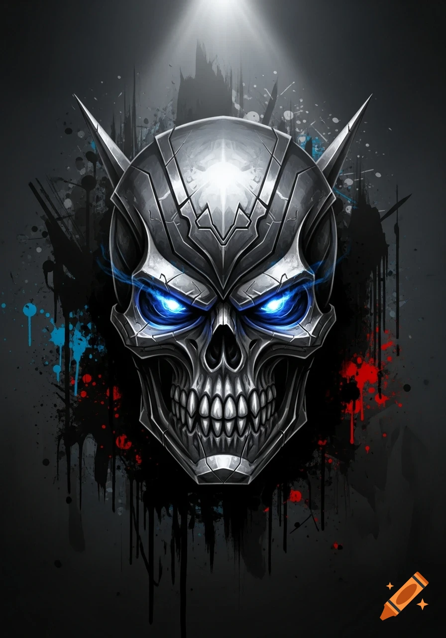 A detailed metallic skull with glowing blue eyes and sharp horns against a dark background with red and blue paint splatters.