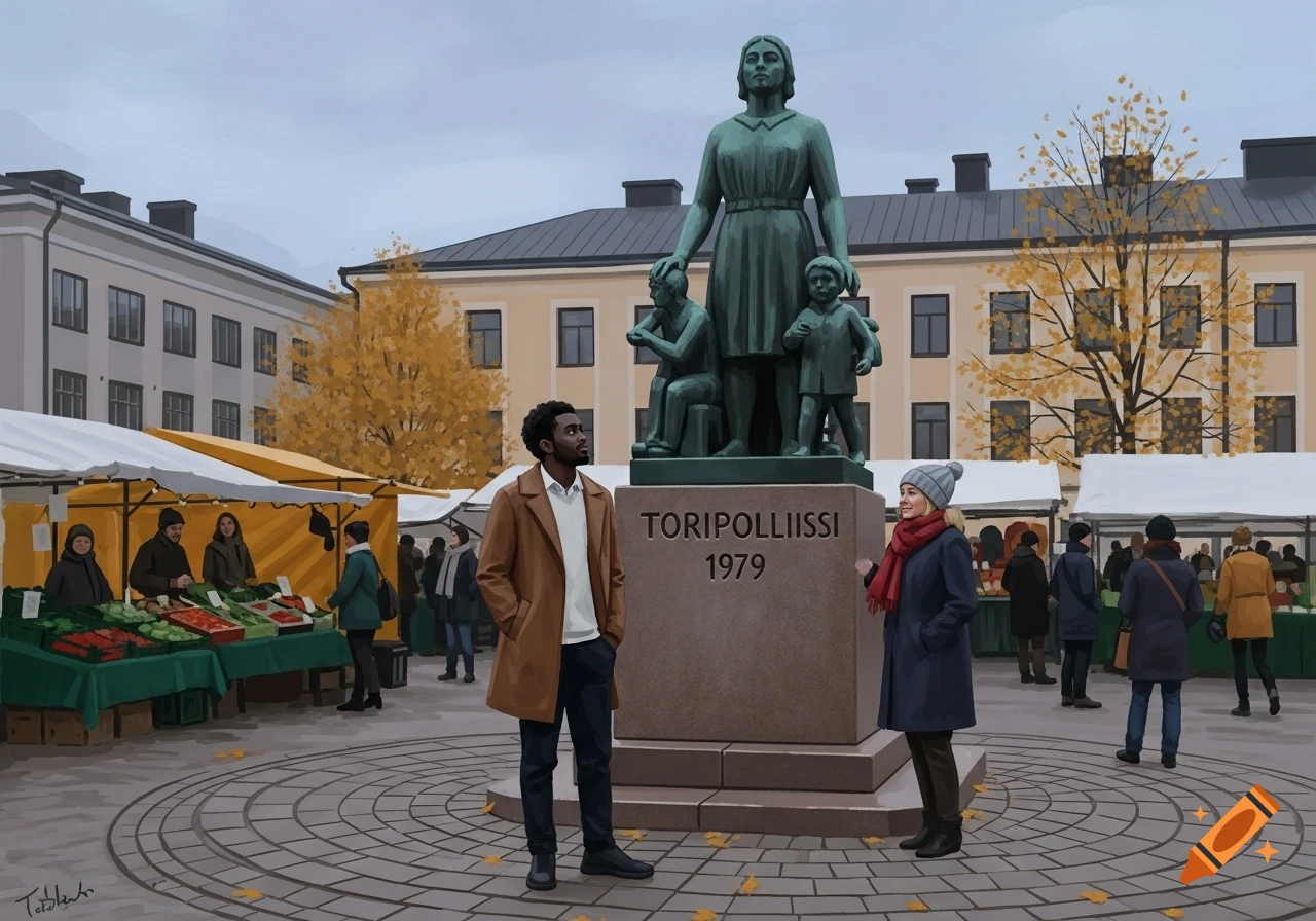 A man and a woman stand in a city square next to a large bronze statue of a woman and two children. Market stalls and buildings are in the background. The sky is overcast and autumn leaves are scattered.