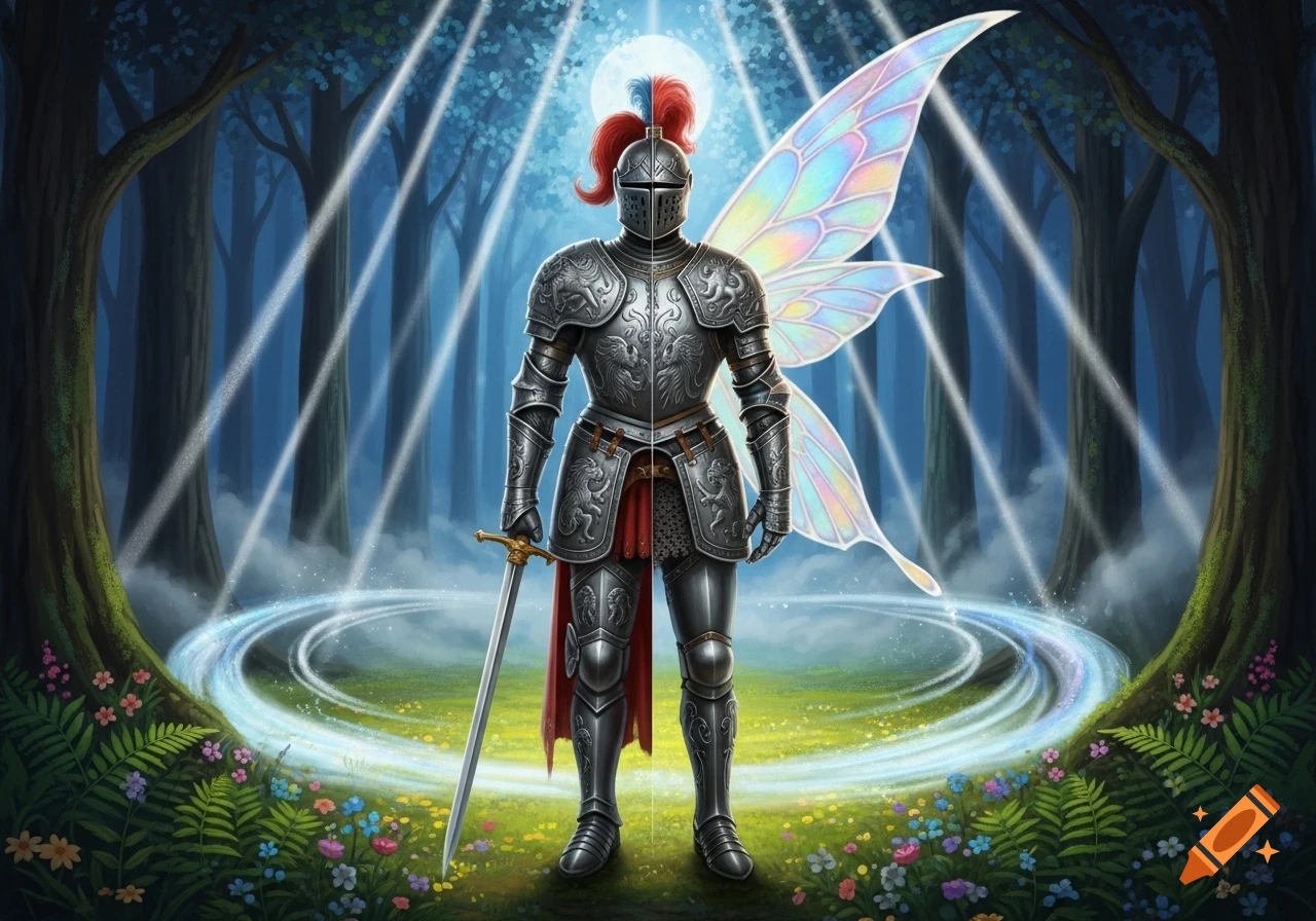 A full armored knight with colorful fairy wings stands in a magical forest clearing with light beams and swirling mist.