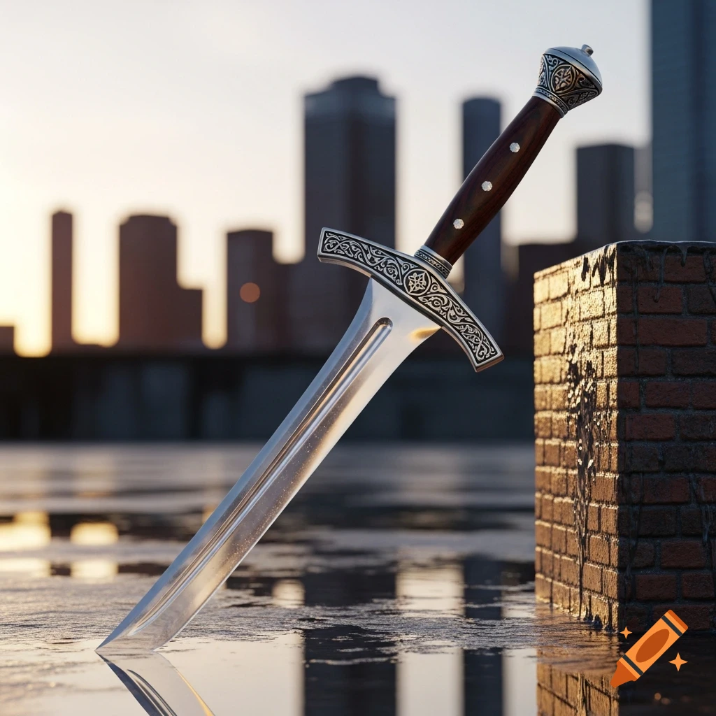 A detailed medieval sword with an ornate hilt stuck in a wet ground ...