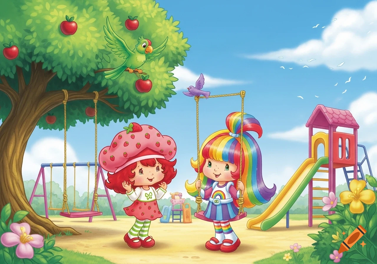 Strawberry Shortcake and Rainbow Brite play in a vibrant cartoon playground with an apple tree, green parrot, and swings.