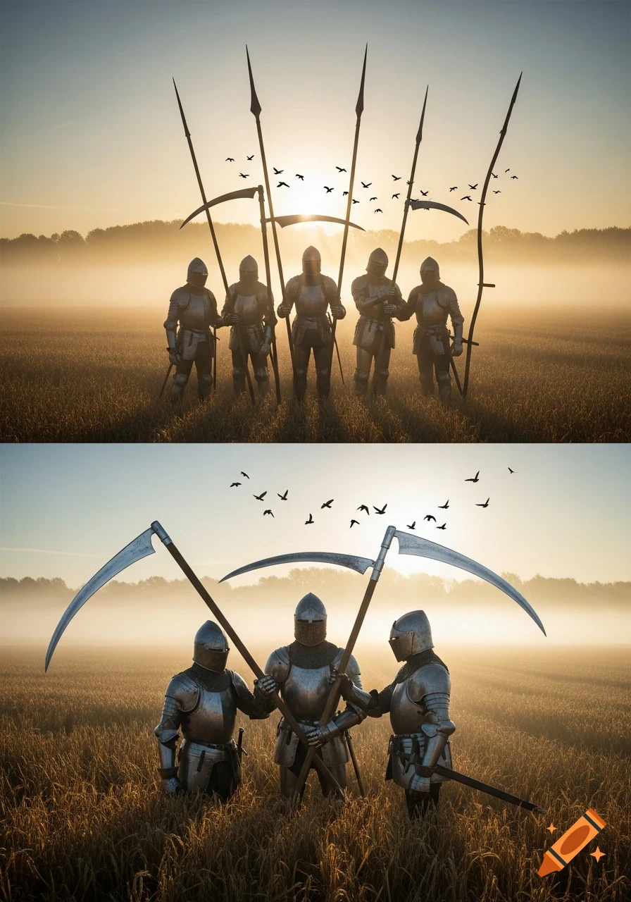 Armored warriors with scythes and spears stand in a misty field at sunrise as birds fly overhead.