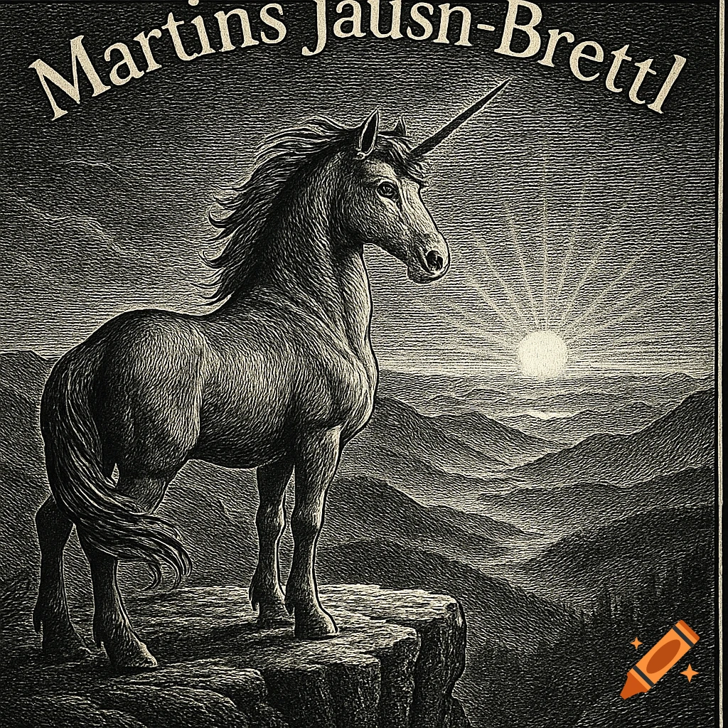 Black and white engraving of a unicorn on a cliff overlooking mountains and a sunrise, with "Martins Jausn-Brettl" text.